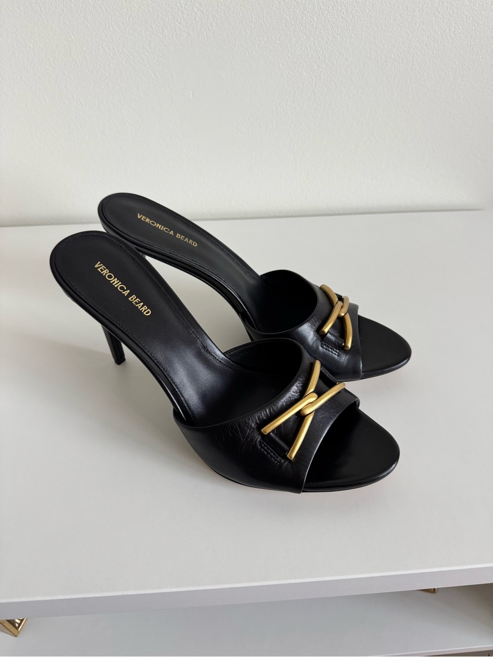Veronica Beard Black Leather Open-Toe Mule Heels with Gold Hardware
